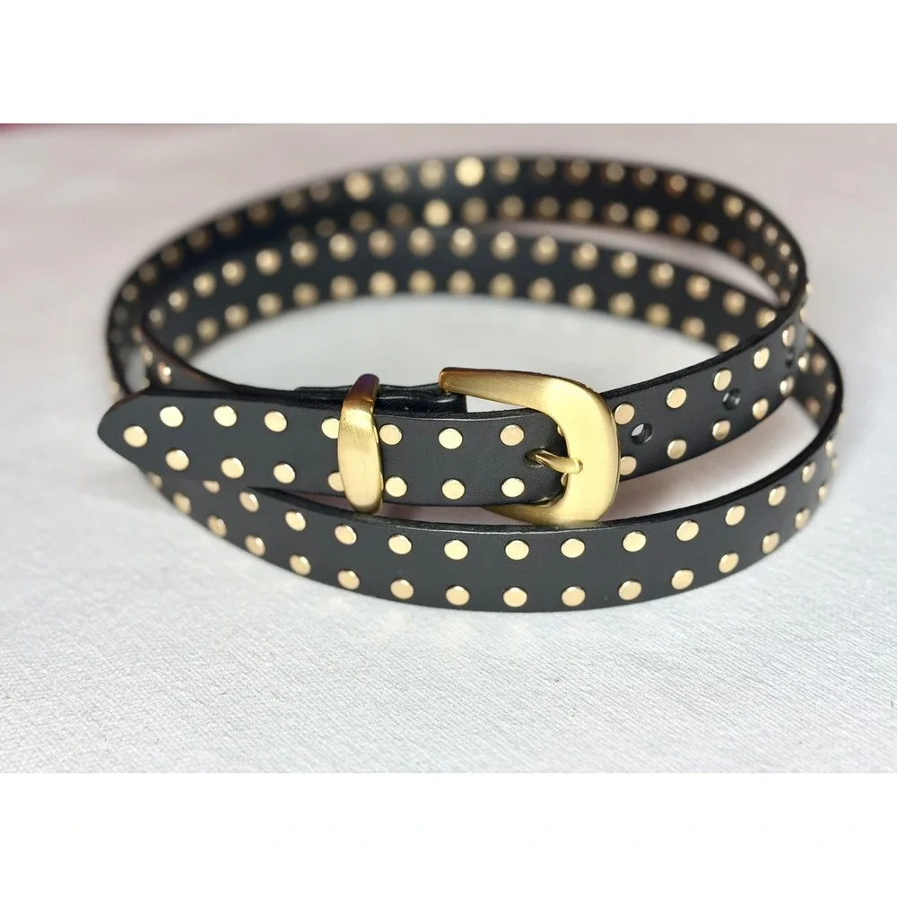 Madewell Flat Studded Western Belt Women's XL Black Leather Gold Buckle Boho